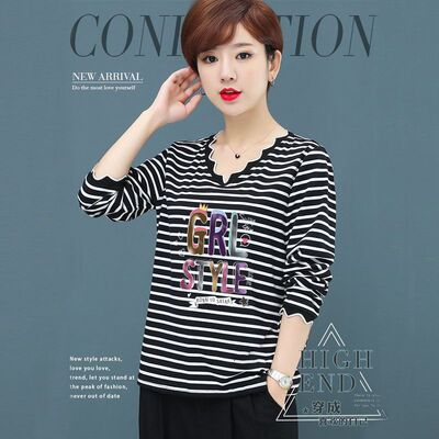 2024纯棉春秋季新款条纹长袖女装V领中青年妈妈装短款上衣气质
