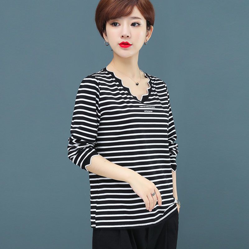 不起球纯棉春秋衣女条纹长袖V领T恤