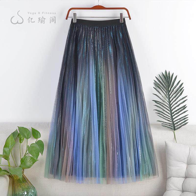 渐变色百褶中长款镂空半身裙女冬季新款洋气轻奢垂坠高腰A字纱裙