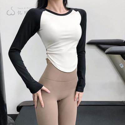 拼色健身衣女网红紧身运动上衣高弹力收腰显瘦训练跑袖瑜伽服