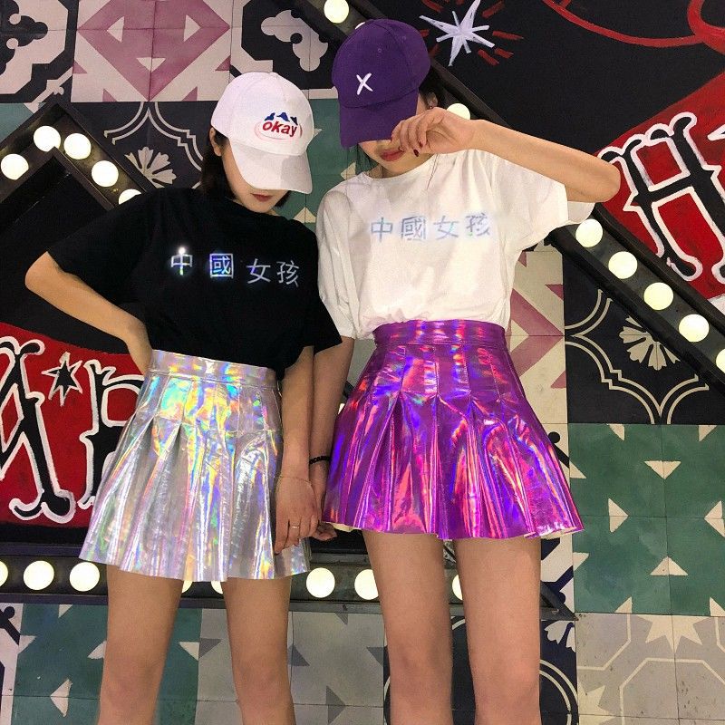 原宿风嘻哈啦啦队PU皮裙+镭射T恤