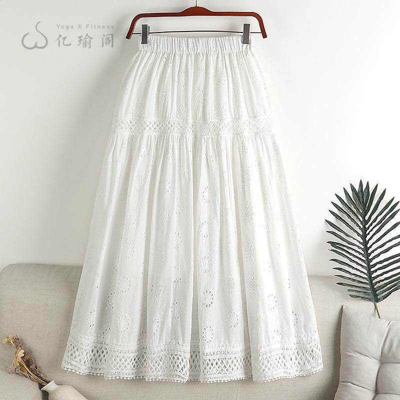 2024春款高腰小香风钩花镂空棉麻裙子中长款大摆A字半身裙女