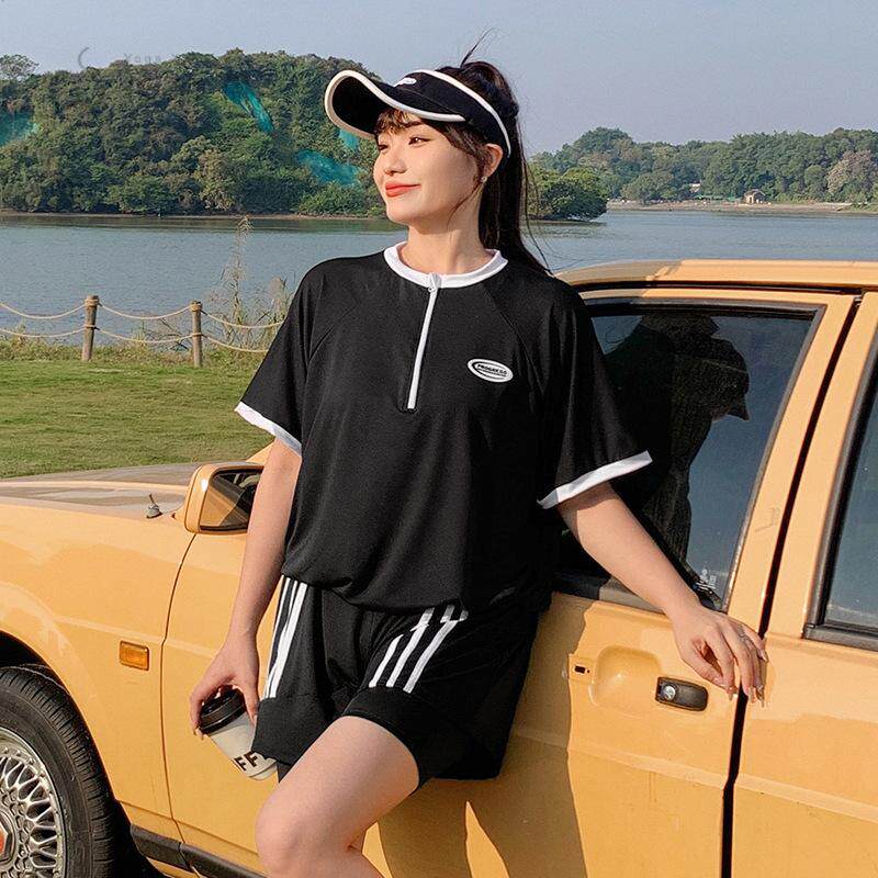 大码泳衣女保守胖mm大胸遮肉200斤学生分体三件套泡温泉运动泳装