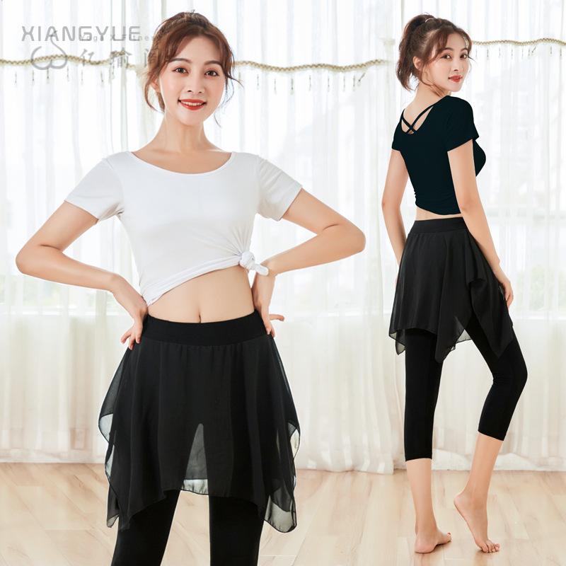 新款瑜伽服套装舞韵形体舞蹈演出运动健身服女雪纺仙气练功服短袖