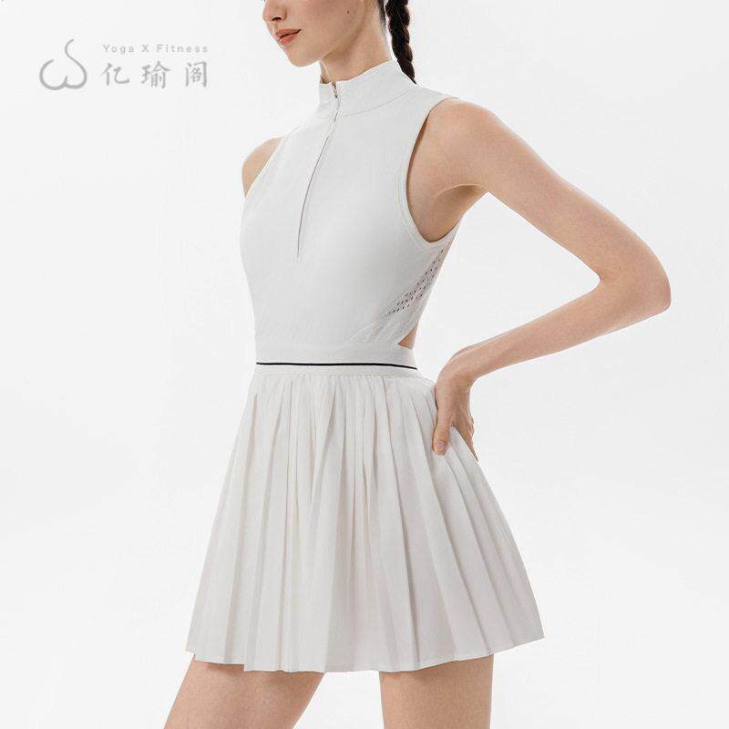 新款网球裙女白色百褶防走光网球服美背假两件专业羽毛球裙子运动
