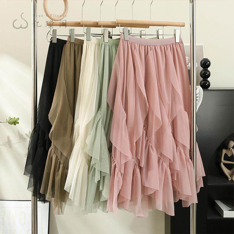 不规则荷叶边纱裙2025新款高腰垂感A字大摆网纱裙中长款半身裙女