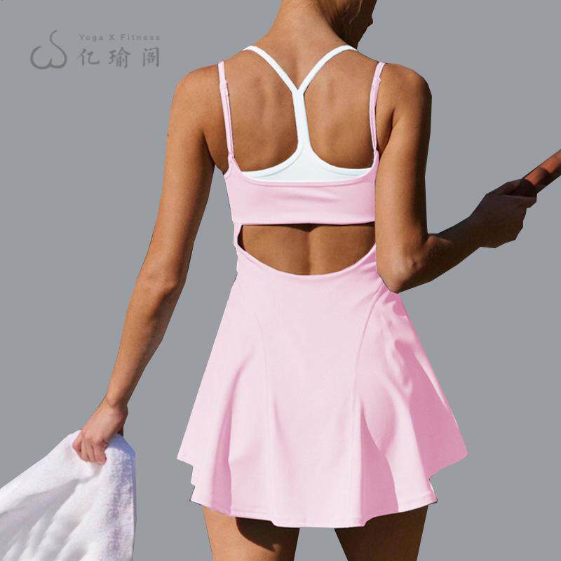 瑜伽连体裙女撞色高弹速干美背防走光运动跑步健身网球裙