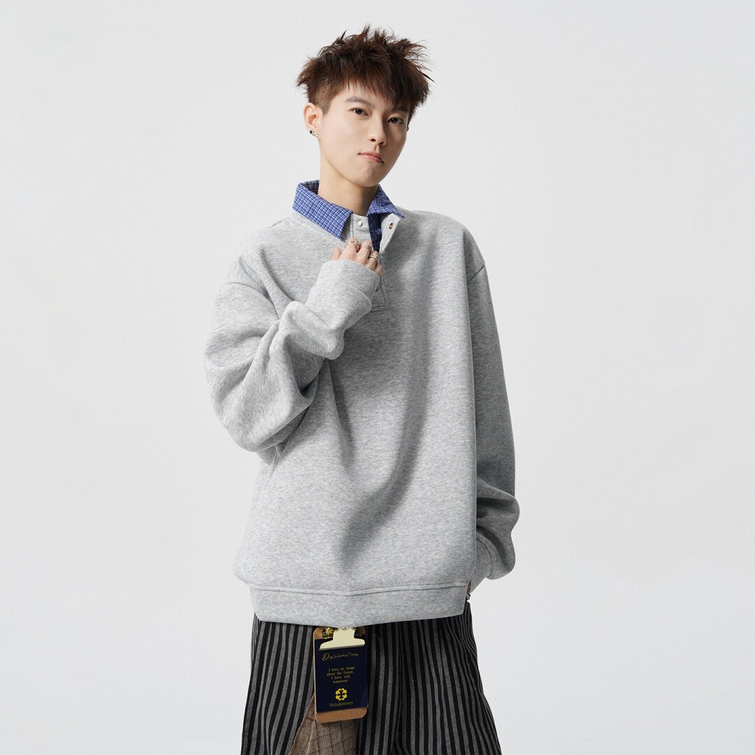 美式重磅假两件衬衫领卫衣男款秋冬季潮牌宽松拼接长袖Polo衫上衣