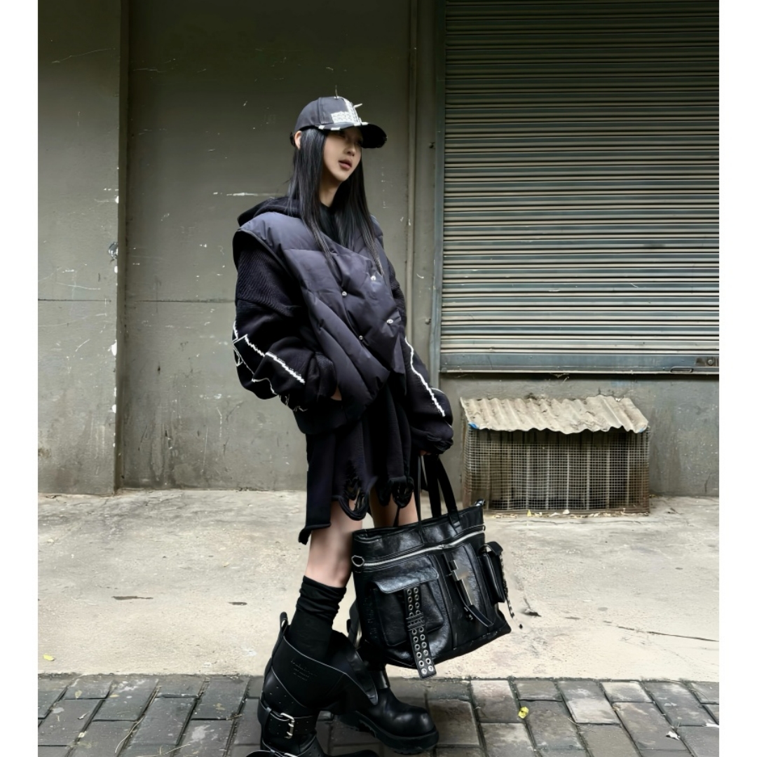 秋冬季美式复古不规则设计解构马甲背心男女加厚保暖短款无袖外套