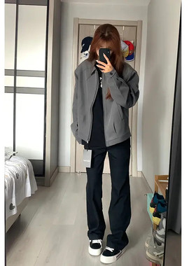 短款灰色西装外套男秋季cleanfit穿搭行政夹克垫肩美式情侣棒球服