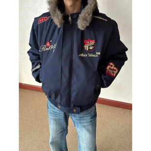 8234 美式勋章刺绣座山雕棉服男女秋冬潮牌可拆卸连帽棉衣外套