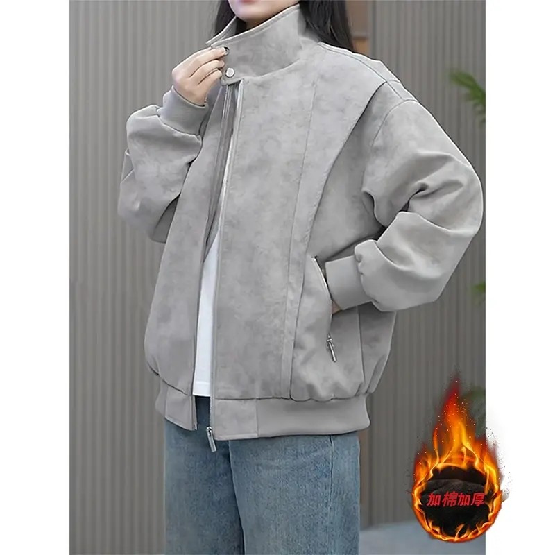 美式复古灰色扎染皮夹克男女款秋季高级感镰刀外套立领夹棉棒球服