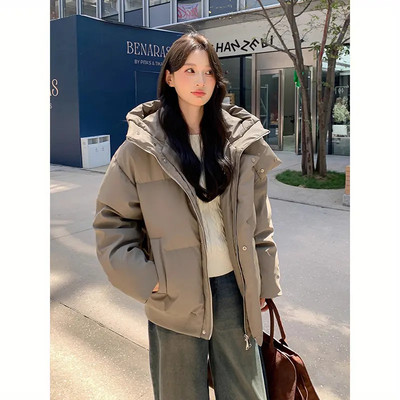 冬季新款纯色连帽pu皮面棉服外套男女基础款情侣加厚保暖面包服潮