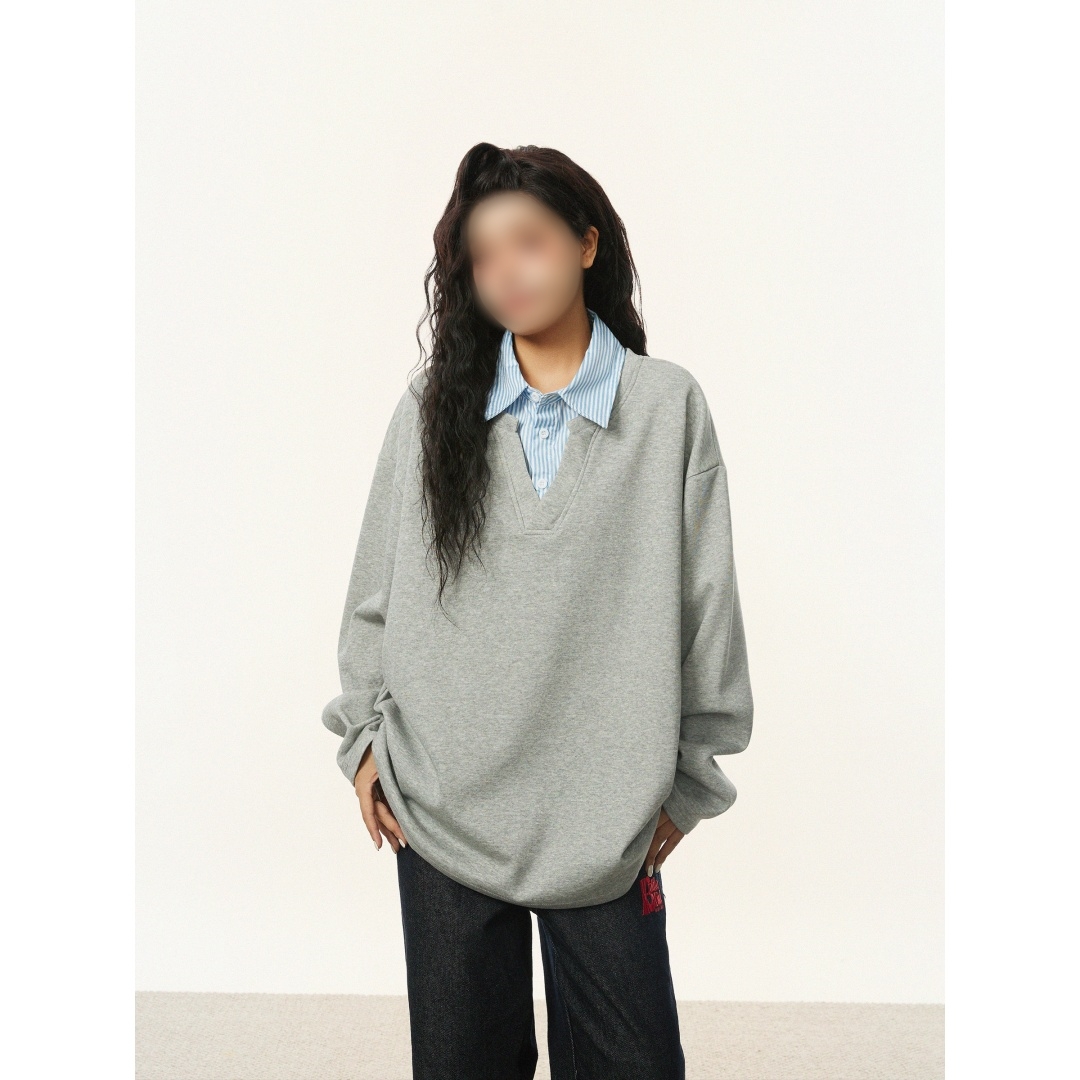 美式潮牌假两件卫衣女2025秋季新款复古学院风宽松条纹衬衫领上衣