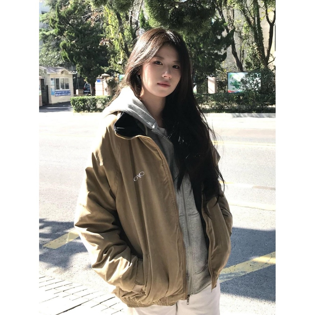 复古撞色棉服外套男女秋冬季新款翻领刺绣保暖夹克加厚工装棉衣潮