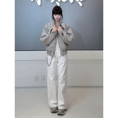 美式复古水泥灰毛领哈灵顿棉服男款秋冬季加厚bomber短款夹克外套