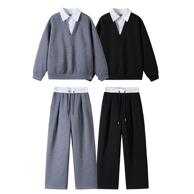 整套ootd穿搭假两件衬衫领卫衣卫裤套装男生秋冬高级感休闲两件套