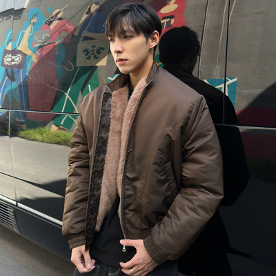 美式复古仿兔毛bomber飞行员棉衣男女秋冬季解构拼接外套保暖棉服