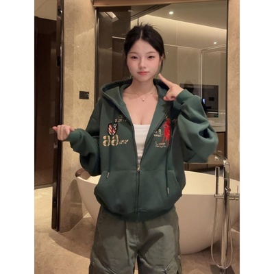 美式复古字母拉链开衫连帽卫衣男女秋季宽松刺绣印花设计休闲外套