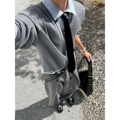 miu系假两件polo领灰色毛衣男款秋季老钱风v领复古内搭打底针织衫