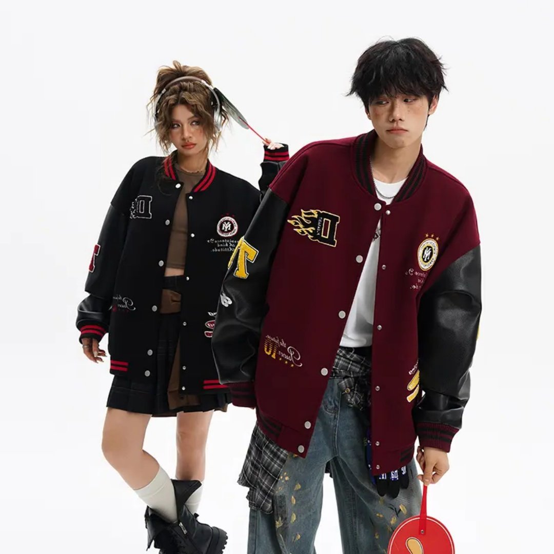 秋冬季美式休闲风复古数字纽扣棉衣男款夹克国潮拼接刺绣棒球棉服