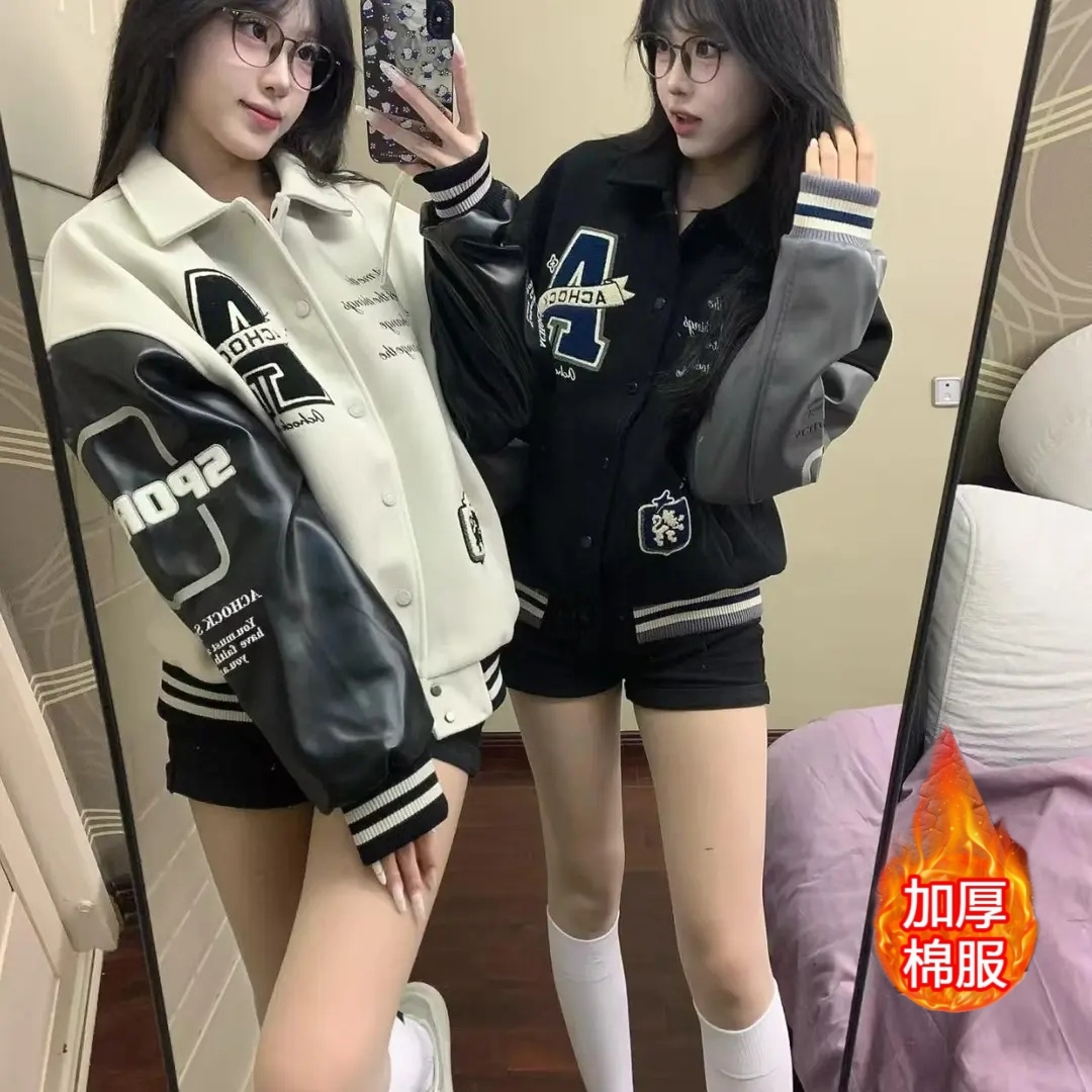 美式高街翻领刺绣棒球棉服外套男女秋冬季复古情侣立领慵懒风棉衣