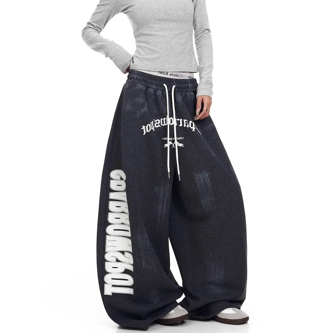 美式高街做旧字母印花休闲卫裤男女潮牌爵士舞街头直筒宽松阔腿裤