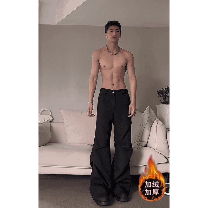 褶皱微喇休闲西裤男加绒垂坠感高级感美式高街裤子cleanfit阔腿裤