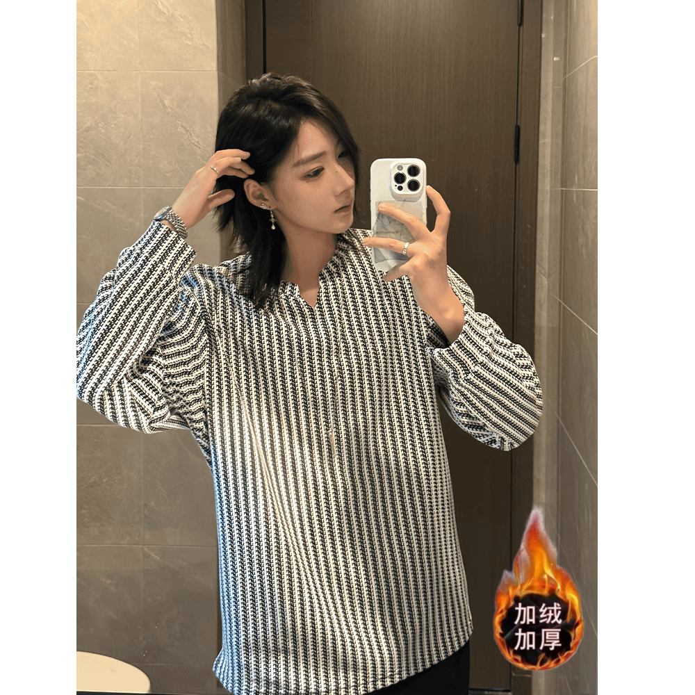 v领长袖t恤男款秋冬加绒条纹千鸟格cleanfit内搭打底衫宽松长袖