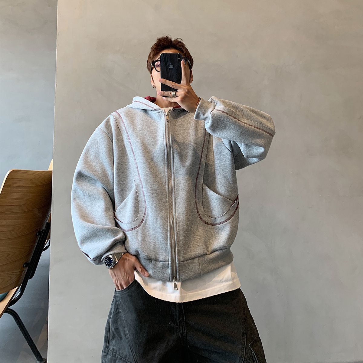 2025新款秋季设计感小众美式潮牌复古连帽卫衣男士重磅开衫外套潮