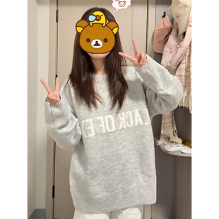 美式慵懒风重磅灰色毛衣男女秋冬季高街宽松百搭圆领针织衫线衣潮