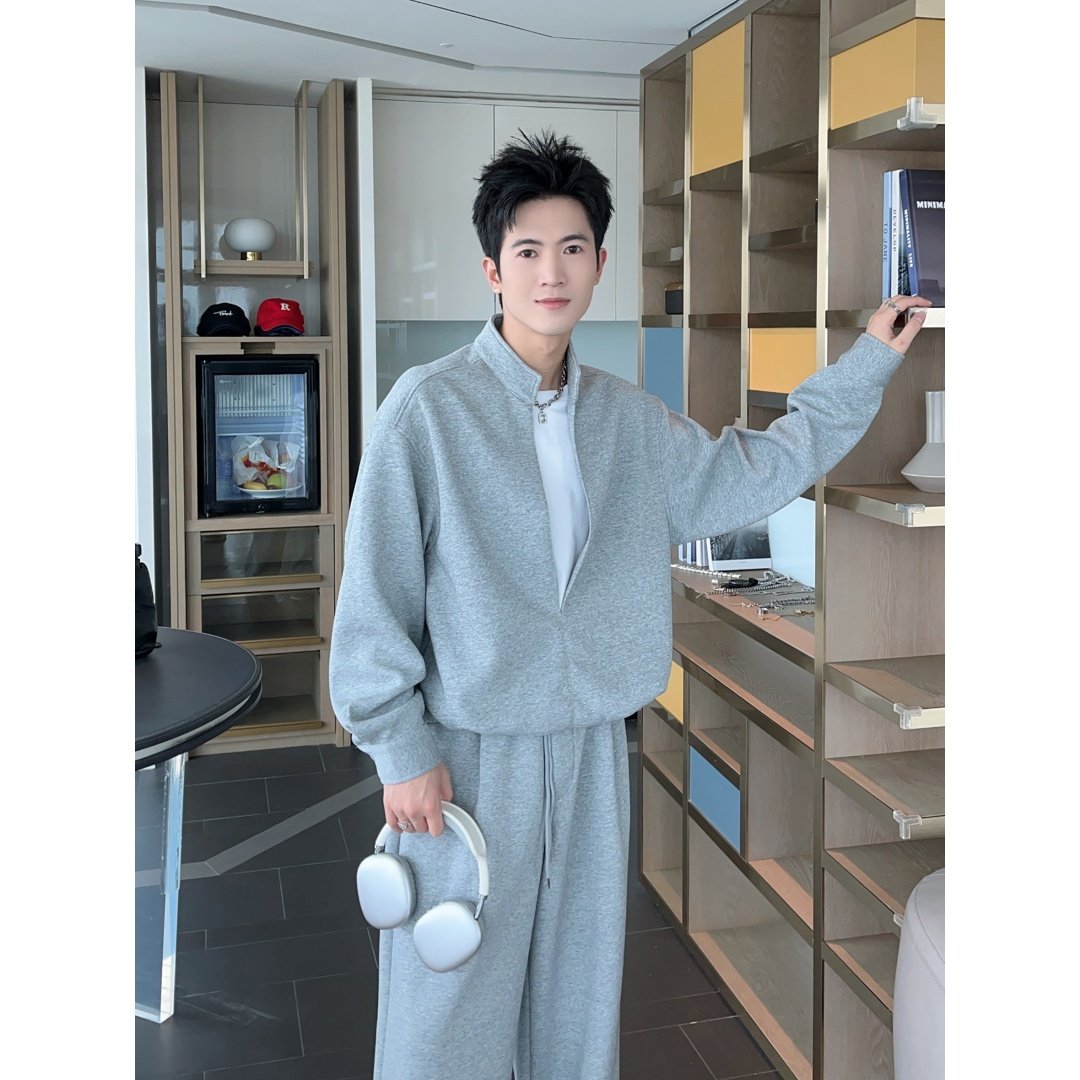 秋季假两件痞帅立领卫衣休闲运动套装男高级感挺括宽松卫裤两件套