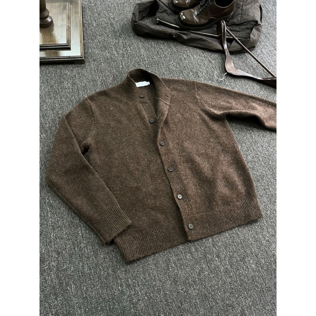 美式复古咖棕色针织开衫外套男款秋冬贵气老钱风穿搭半高领毛线衣