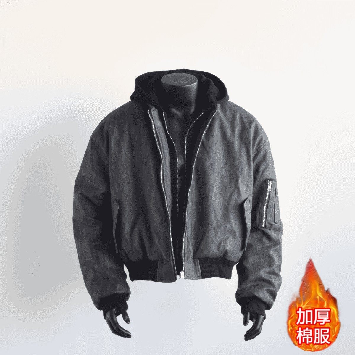 美式cleanfit短款假两件连帽棉服男女秋冬季加厚宽松棉衣夹克外套