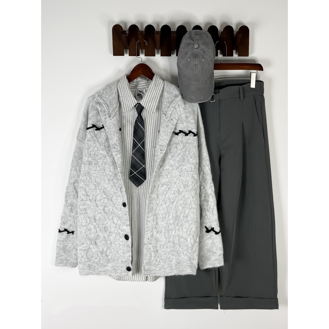 美式复古菱形格纹开衫毛衣男女秋冬季慵懒风软糯针织衫上衣外套潮