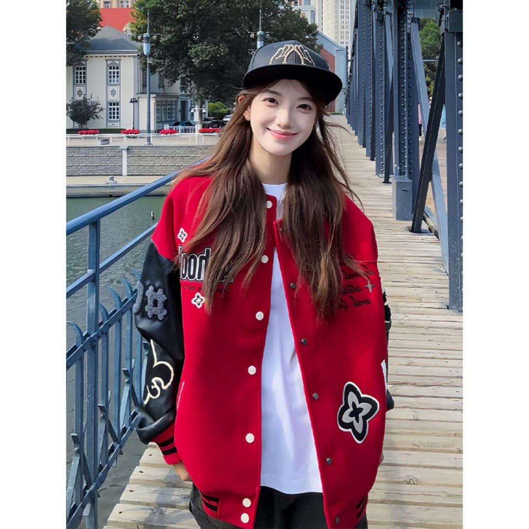 美式街头棒球服男女秋冬季撞色拼接重磅立领夹克复古宽松情侣外套