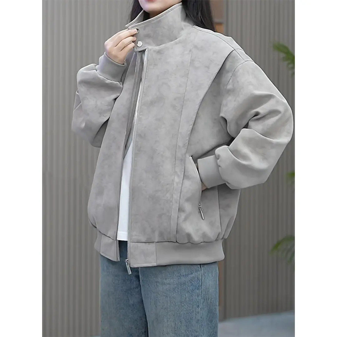 美式复古灰色扎染皮夹克男女款秋季高级感镰刀外套立领短款棒球服