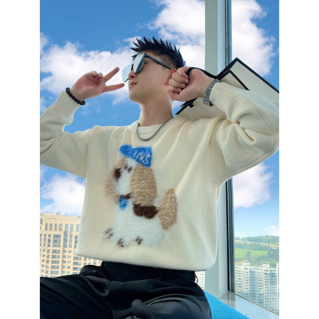 秋冬季圆领毛衣设计感提花毛绒小狗内搭针织衫男女高级休闲打底衫