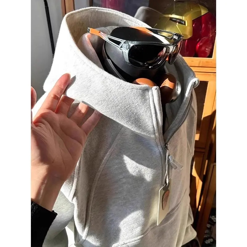 重磅硬挺美式卫衣男款春季短宽版型半拉链外套解构设计感连帽上衣