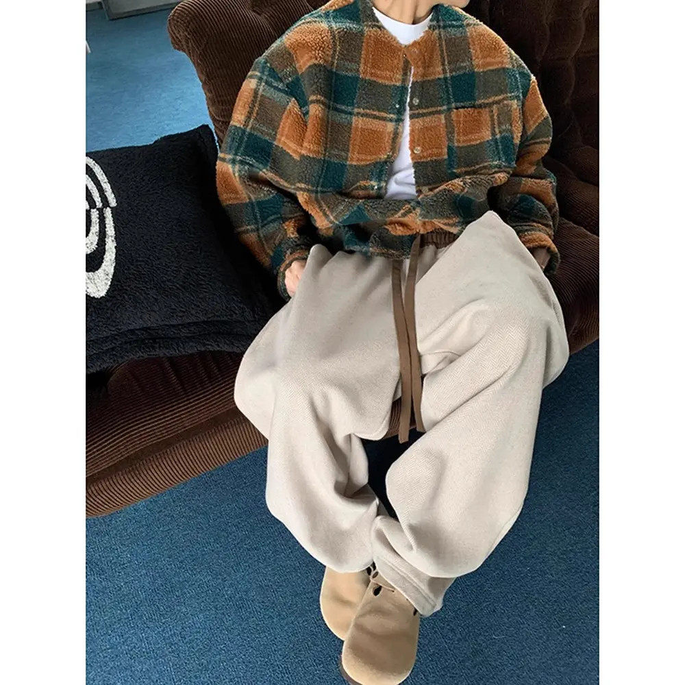 肌理感毛呢垂感休闲卫裤男秋冬日系潮牌慵懒风宽松直筒运动长裤子