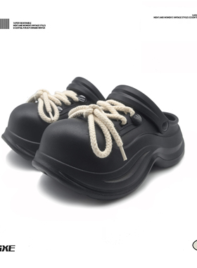 DIY鞋带洞洞鞋女款黑色夏季增高跟厚底松糕沙滩防滑包头外穿凉拖