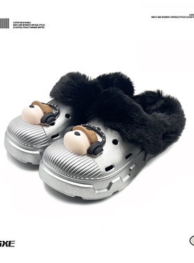 VISOONS加绒洞洞鞋冬季厚底保暖毛毛鞋男女外穿渐变一脚蹬包头拖
