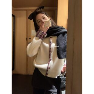 红色格子撞色针织开衫 2295 METWO 上衣 孤品清仓