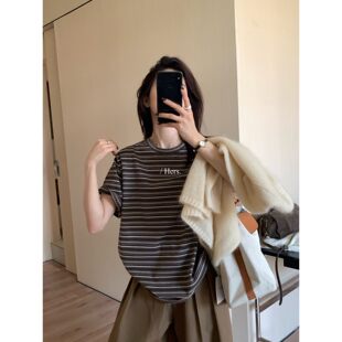 hers日常复古休闲条纹短袖 一勺甜 T恤92272 孤品清仓