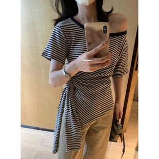 8315条纹绑带T恤一字领慵懒显瘦中长款 METWO 上衣 孤品清仓