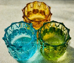 忠俊人工吹制原生料彩色玻璃 xq立体浮雕热带植物蜡烛杯 果汁杯