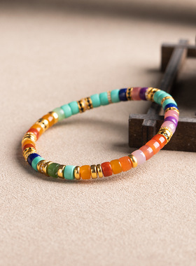 天然彩虹精工归圆药片手串s925 银搭配绿松青金绯红设计文玩手链