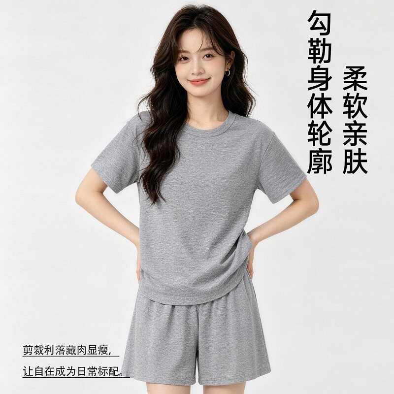 女士短袖t恤短裤套装加肥加大码胖mm200斤上衣裤子夏季薄款打底衫