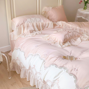 法式 公主风140支长绒棉四件套纯棉全棉粉色刺绣蕾丝被套床上用品