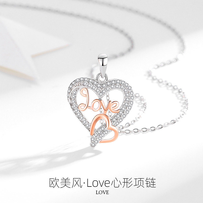 欧美跨境s925纯银项链爱心love心形项链女亚马逊热销款银饰
